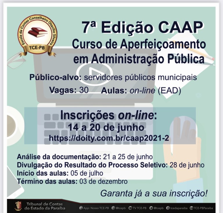 Escola de Contas do TCE-PB abre inscrições para a 7ª edição do Curso de Aperfeiçoamento em Administração Publica