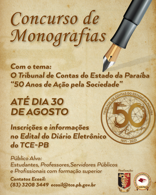 TCE-PB abre inscrições para concurso de monografias em comemoração aos 50 anos de fundação do Tribunal