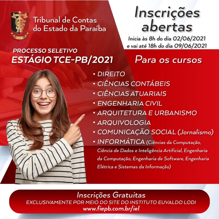 Inscrições para seleção de estagiários de nível superior no TCE-PB continuam abertas até o dia 09 de junho