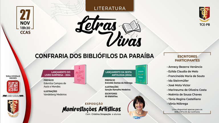 “LETRAS VIVAS” de novembro acontece nessa quarta-feira(27), com lançamentos e exposição