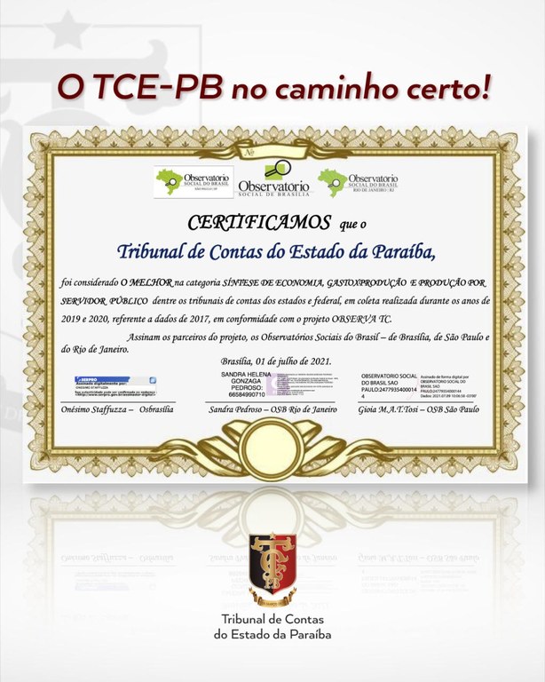 TCE-PB recebe certificado de melhor entre os TCs nas categorias síntese de economia e produção por servidor