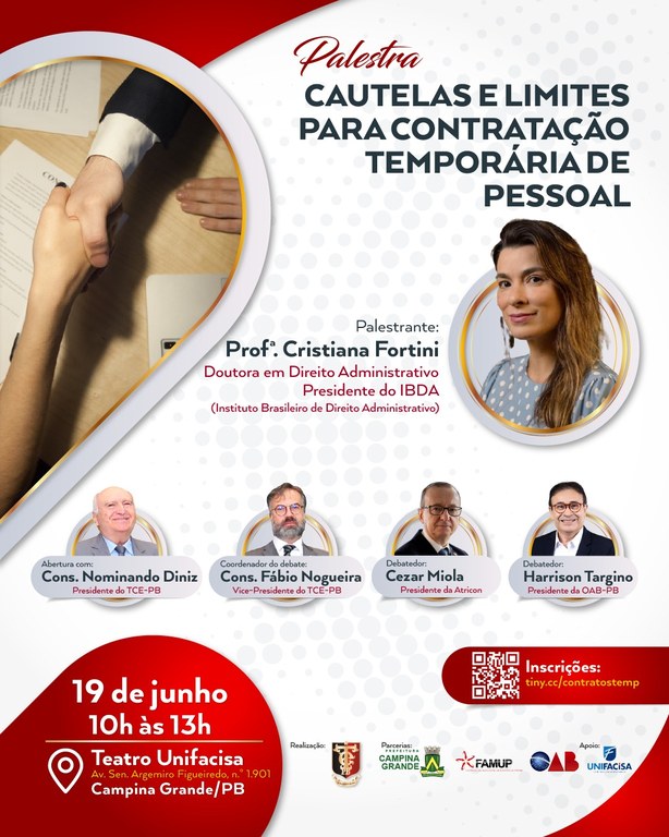 Nesta segunda-feira (19) TCE-PB promove em Campina Grande palestra sobre contratação temporária