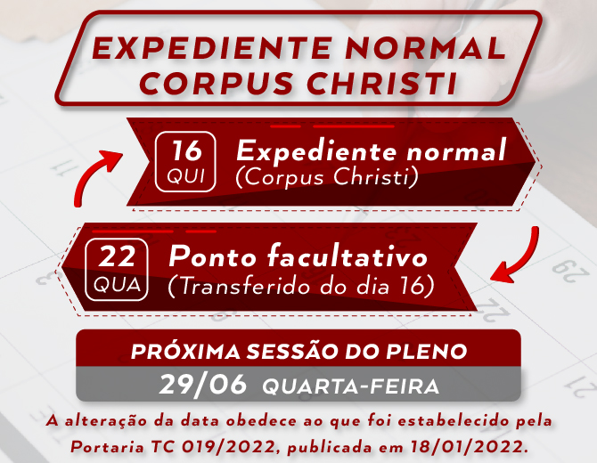 Calendário do TCE-PB prevê expediente normal no feriado do Corpus Christi