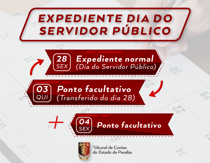 Ponto facultativo pelo Dia do Servidor Público no TCE-PB será transferido para o dia 03 de novembro