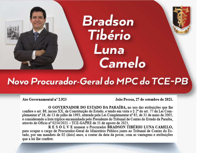 Bradson Tibério Luna Camelo será o próximo procurador-geral do MP de Contas junto ao TCE-PB