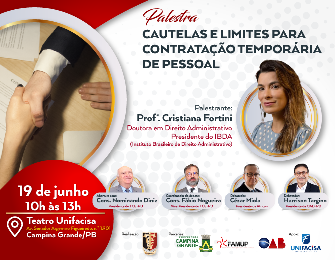 TCE-PB vai promover em Campina Grande palestra sobre cautelas e limites para contratação temporária