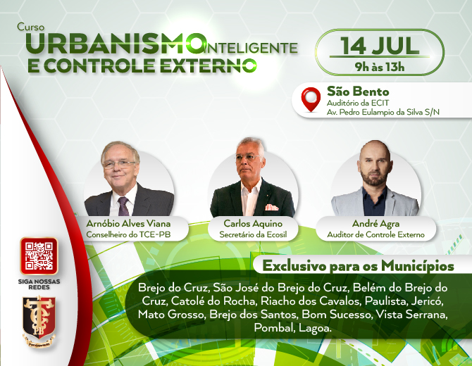 Curso de Urbanismo Inteligente e Controle Externo vai em 14 de julho a 13 cidades do Sertão paraibano