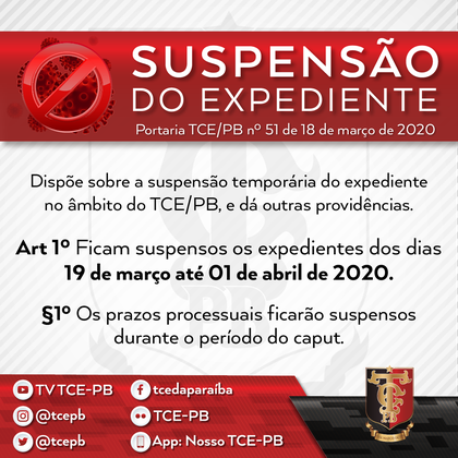 Coronavírus: nova determinação do TCE-PB suspende expediente e prazos processuais