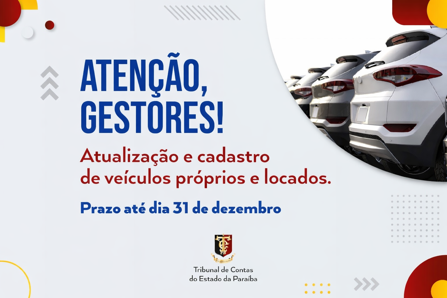 TCE-PB alerta para prazo de envio das informações da frota de Poderes e órgãos do Estado até 31 de dezembro