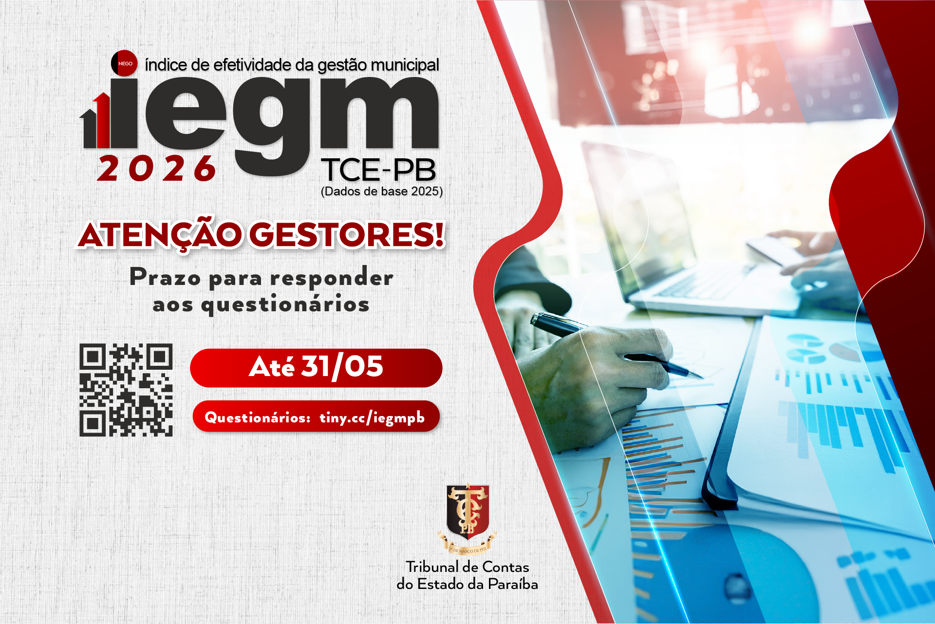 TCE-PB estabelece prazo para envio de questionários do IEGM 2026 pelos municípios paraibanos