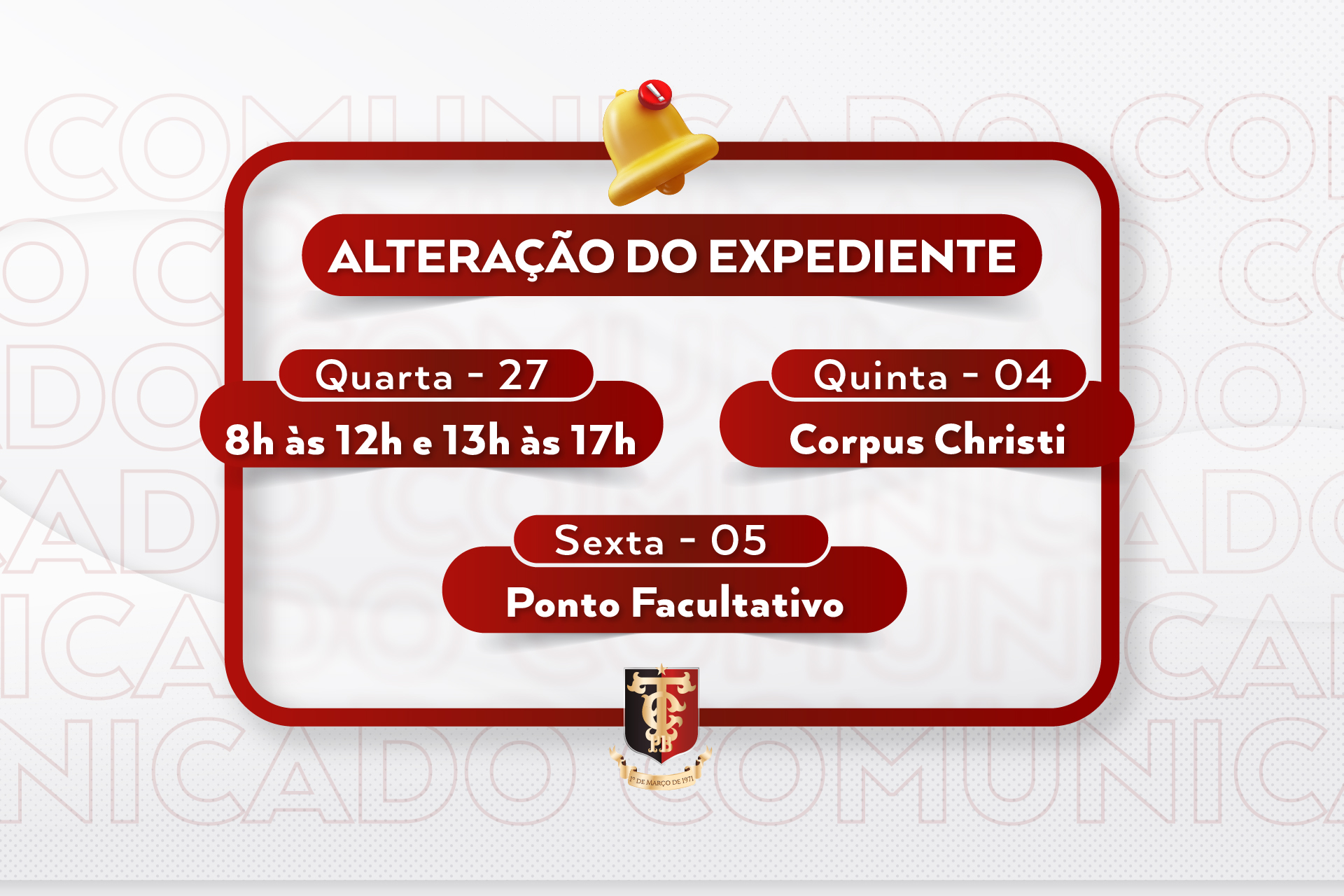 TCE-PB informa alteração no expediente desta quarta-feira (27)