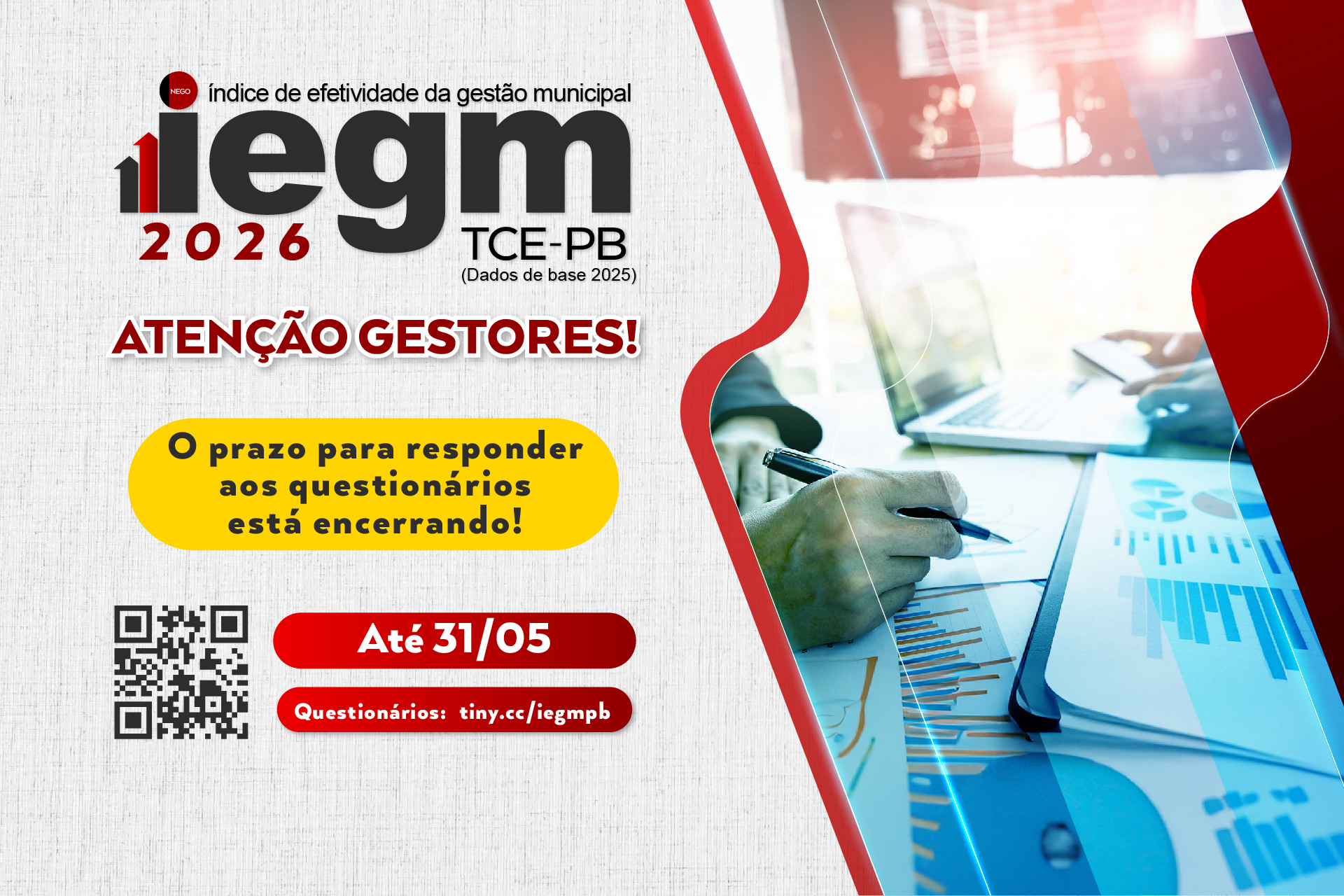 TCE-PB alerta gestores para prazo final do IEGM 2026 que encerra em 31 de maio