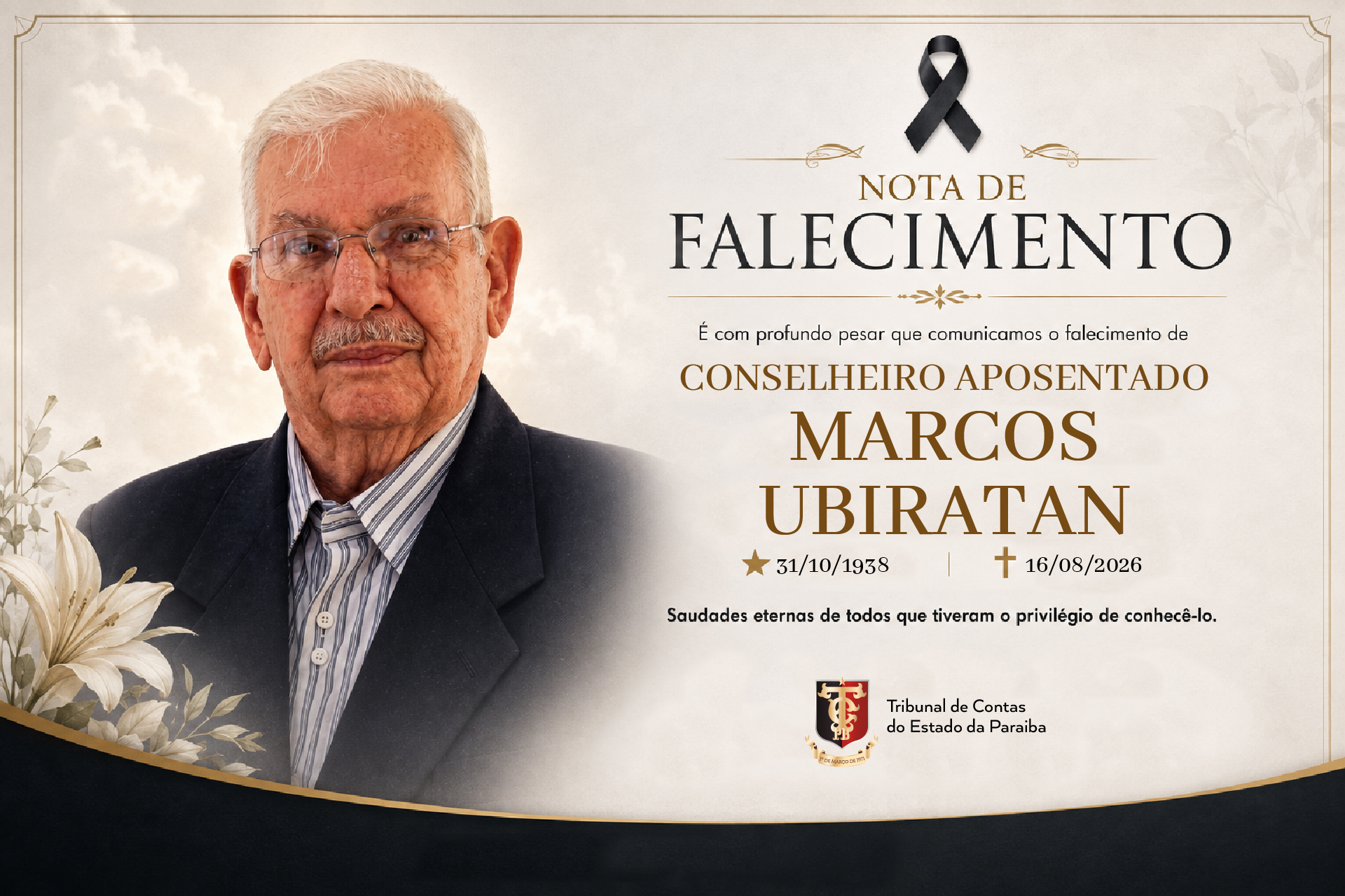 TCE-PB lamenta falecimento do conselheiro aposentado Marcos Ubiratan Guedes Pereira